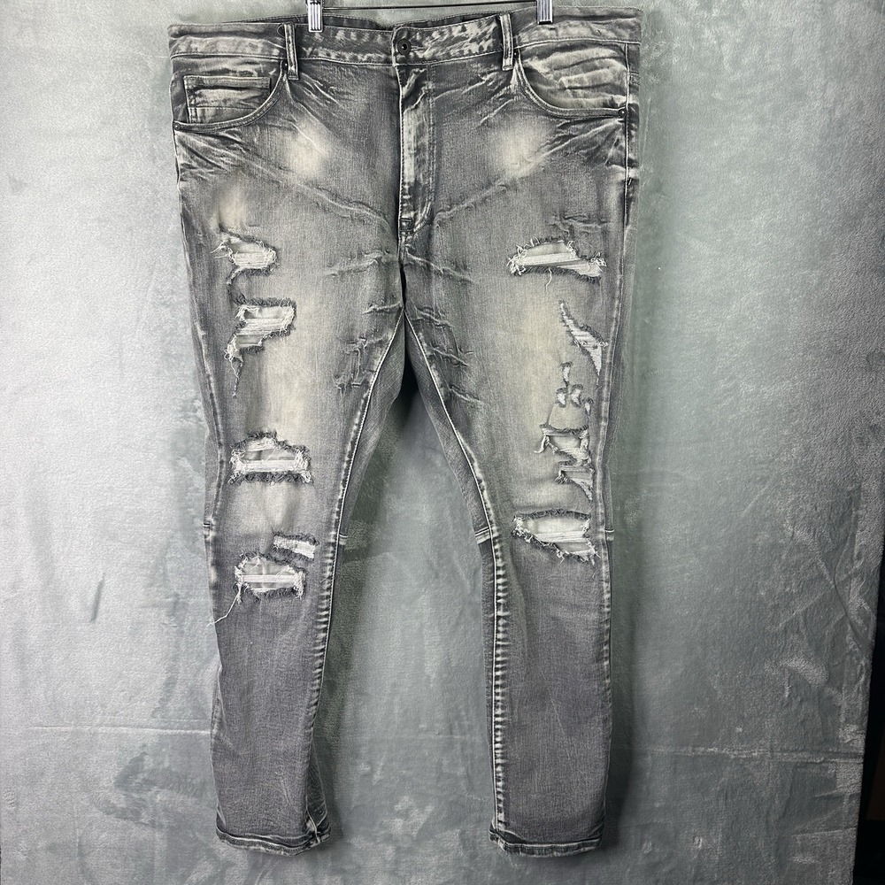 Smoke Rise Jeans Mens 44x32 Gray Distressed Skinny Stretch Denim Ripped